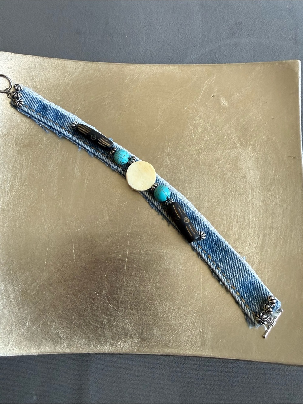Men’s Denim Bracelet Crème Turquoise Accent Handmade Upcycled Unique Gift
